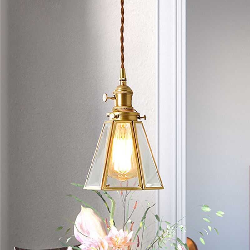 Clear Glass Tapered Suspension Lamp Colonialist 1 Bulb Restaurant Pendant Light Fixture in Gold