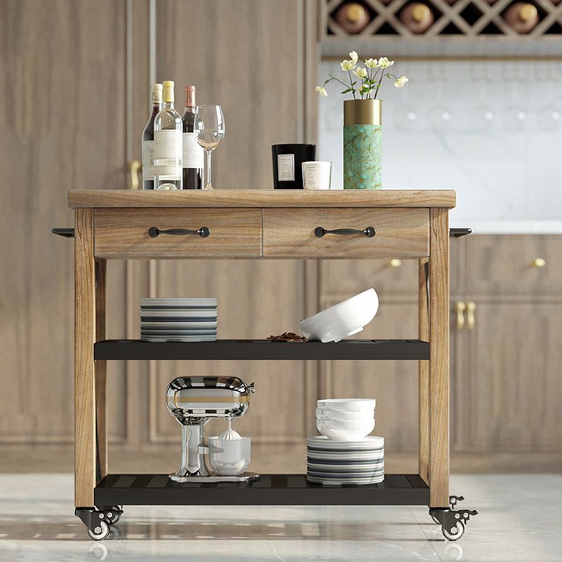 Modern Open Storage Kitchen Trolley Rolling Pine Wood Prep Table