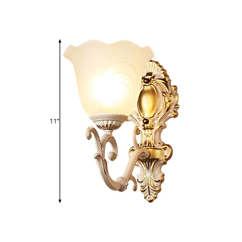 1 Light Bloom Sconce Lamp Vintage Brass/Beige Frosted Ribbed Glass Wall Mounted Lighting with Curvy Arm