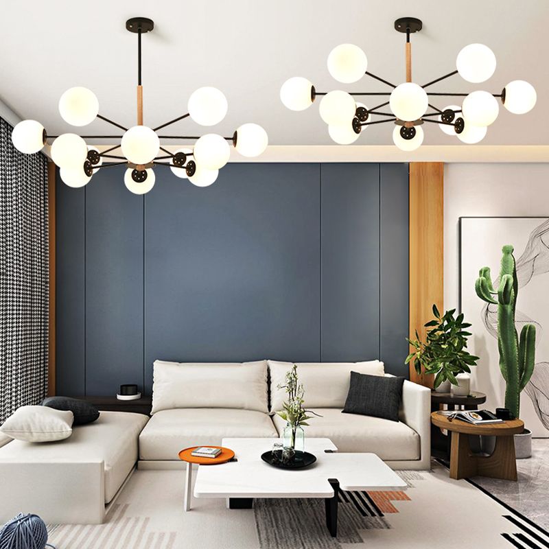 Modern Wood Chandelier Lighting Fixtures Multi-Head Globe Suspension Light for Living Room