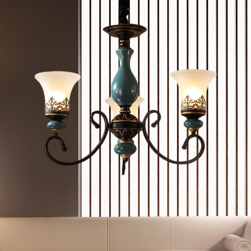 Rustic Style Bell Shade Hanging Pendant Light Milky Glass 3/5/6-Head Chandelier Lighting in Blue