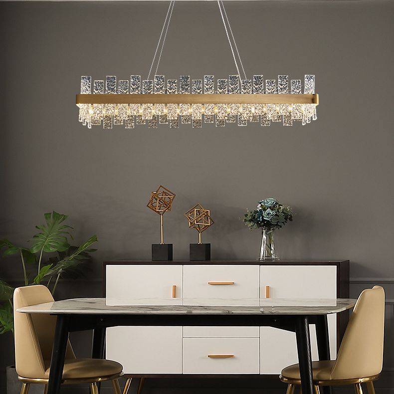 Illuminazione dell'isola rettangolare cristallina increspata luce a led oro minimalista per cena