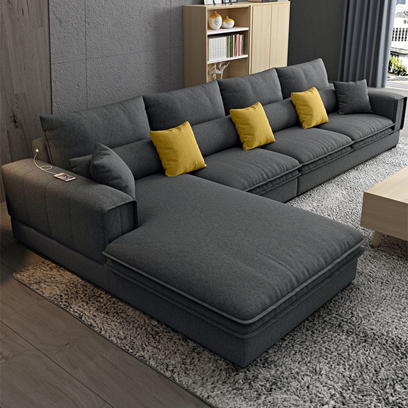 Dark Gray Contemporary Sectional with Recessed Arm and Pillowed Back Cushions