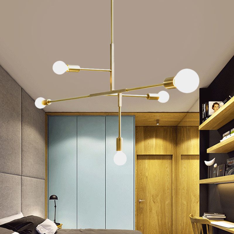 5 Arms Hanging Light Post Modern Metal Bare Bulbs Black/Gold Chandelier Pendant Light
