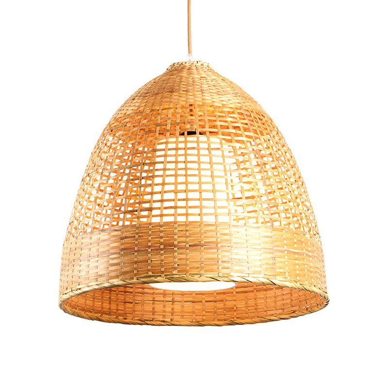 Hand-Twisted Bell Ceiling Pendant Chinese Bamboo Single Living Room Hanging Lamp in Beige, 16"/19.5" Width