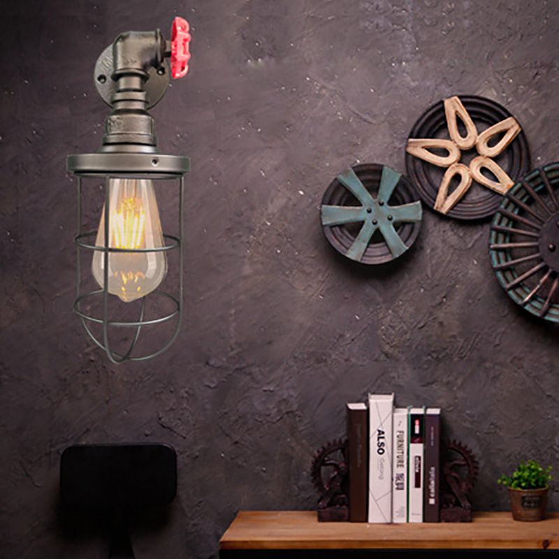 Wire Frame Corridor Wall Sconce Iron 1 Head Farmhouse Wall Lighting Fixture with Red Valve Design in Antique Brass/Black