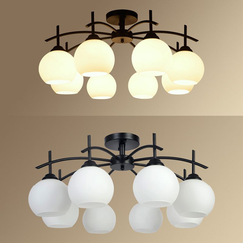 Plafonnier satellite artificiel classique traditionnel en fer forgé semi - encastré avec abat - jour en verre blanc