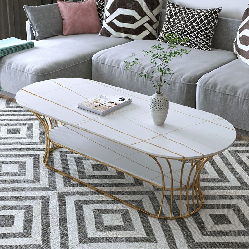 Glam Oval Slate Coffee Table with Iron Frame and Stone Top Cocktail Table