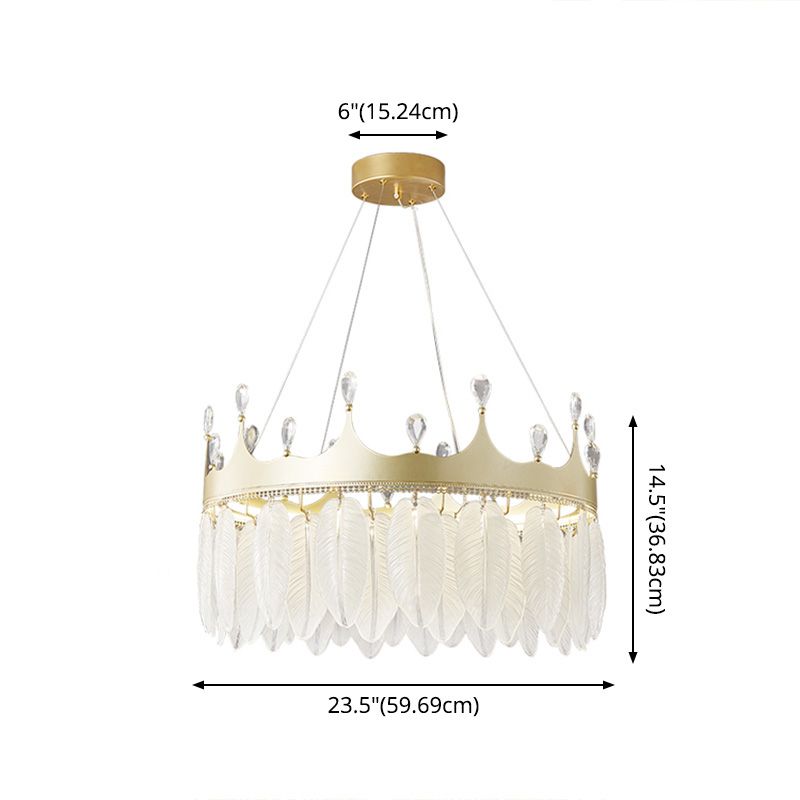 3-Colored LED Crystal Feather Chandelier Lamp Crown Shape Modern Crystal Hanging Chandelier with Clear Glass Feather Lamp Shade