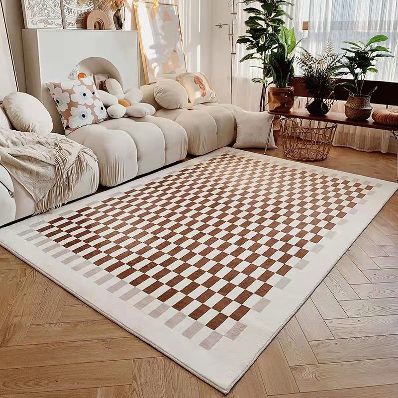 Yellow Grid Pattern Rug Polyester Modern Rug Washable Rug for Living Room