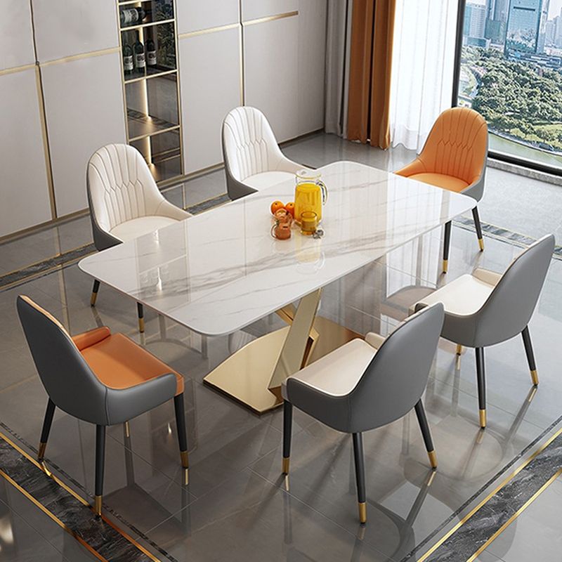 Glam Stone Rectangle Dining Table Golden Pedestal Table for Dining Room