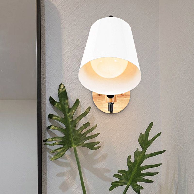 Bucket Shade Metal Wall Lamp Modernism 1 Light Corridor Wall Mount Light with Wooden Backplate in Black/White
