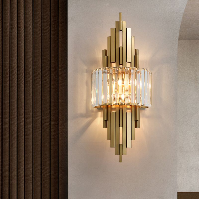 2 Light Metal and Crystal Wall Sconce Brass and Clear Wall Mounted Fixture