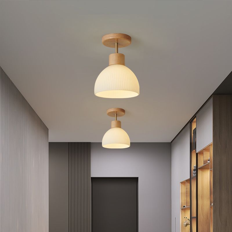 Dome Shape Ceiling Lamp Modern Wood 1 Light Flush Mount with Glass Lampshade for Aisle