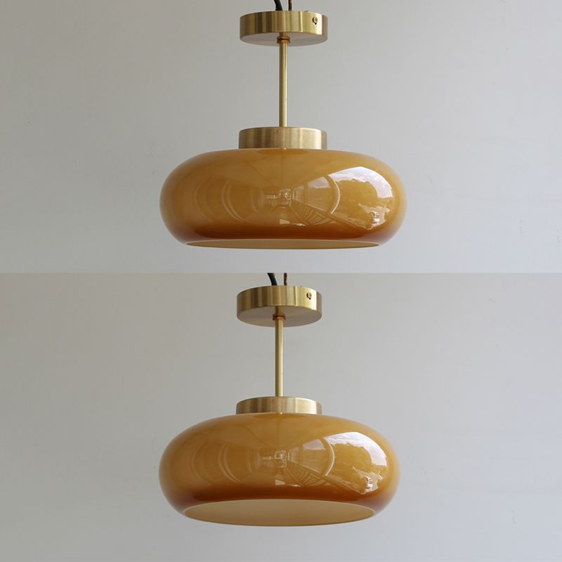 Colonial Style Brass Flush Mount Drum Hand-blown Glass Ceiling Light Fixture for Bathroom