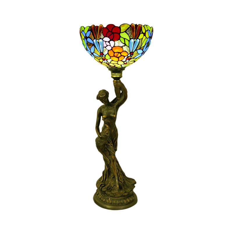 Bowl Table Lighting 1 Head Stained Glass Baroque Petal/Dragonfly Patterned Night Lamp in Brass with Resin Naked Woman Base