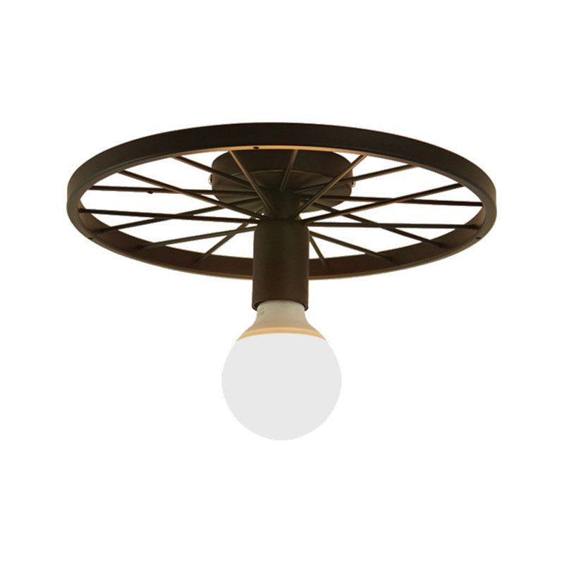 Wheel Shaped Corridor Semi Flush Pendant Light Retro Metal 1 Bulb Black Finish Semi Mount Lighting