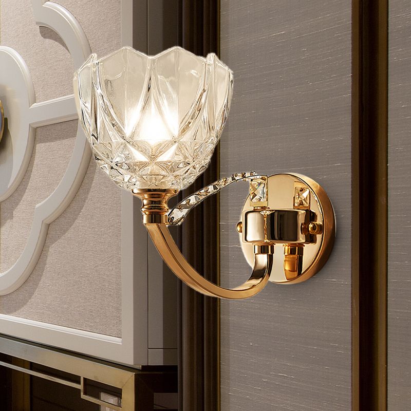 Flower Sconce Light Postmodern Clear Glass 1/2 Heads Gold Wall Mount Light with Crystal Accent