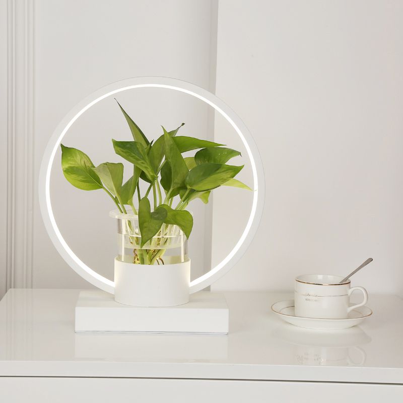 Table à LED décorative de lampe de nuit en forme de bague en aluminium avec tasse de plante en verre transparent