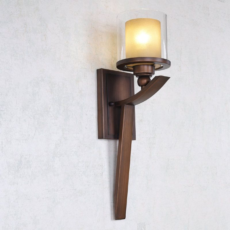 Double-Layer Glass Brown Wall Cylinder 1-Bulb Vintage Wall Light Fixture for Bedroom