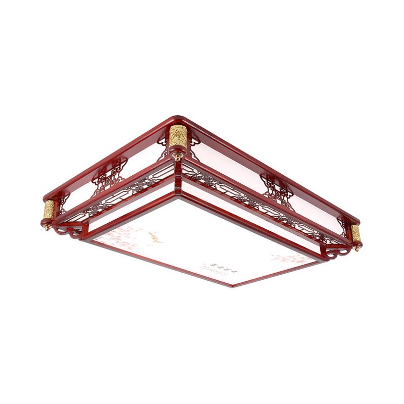 21.5"/39" Wide LED Rectangle Flush Mount Traditional Dark Red Wood Flush Light Fixture for Living Room