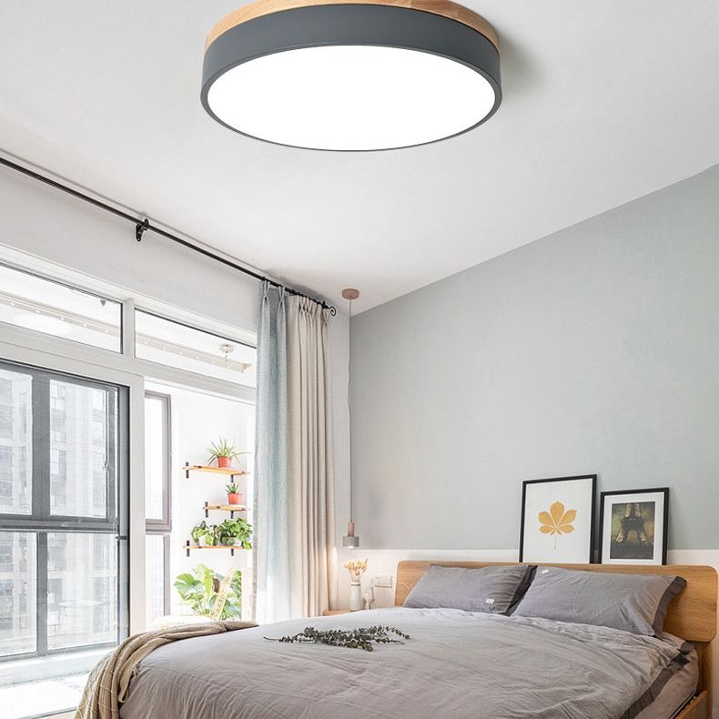 Metalen trommelvormige inbouwlamp Macaron LED-plafondlamp met houten luifel voor slaapkamer
