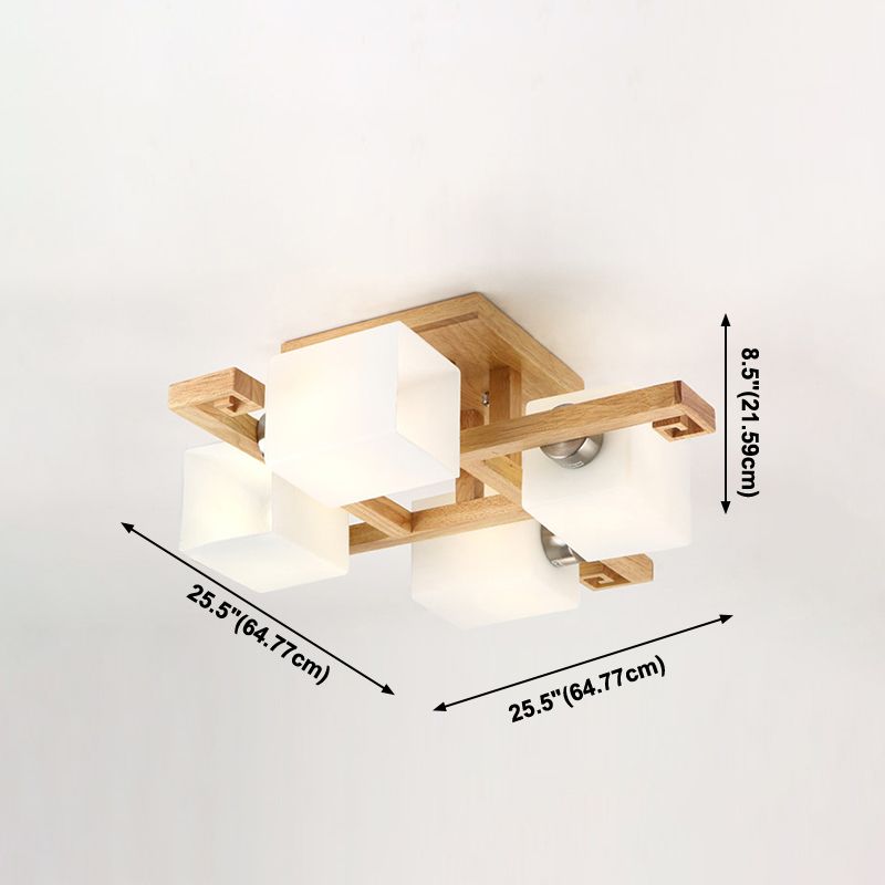 Plafonnier géométrique en bois semi-encastré artistique moderne avec abat-jour en verre blanc