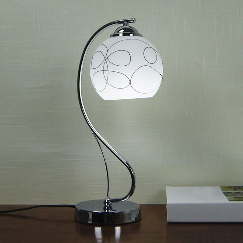Chrome Gooseneck Table Lamp Minimalist 1-Light Metal Nightstand Light with Ball White Glass Shade
