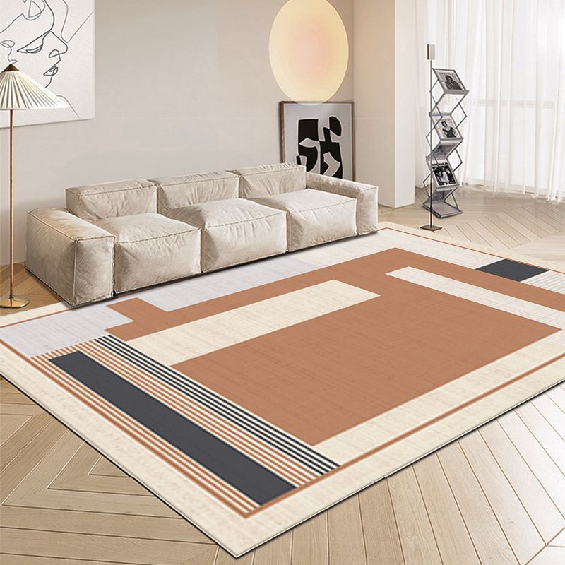 Rectangle Shape Rug Living Room Beige Tone Polyester Washable Area Rug