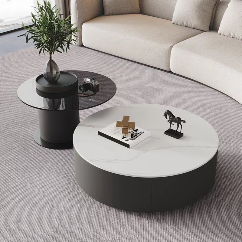 11"H Contemporary Coffee Table Round Coffee Cocktail Table with Drawer