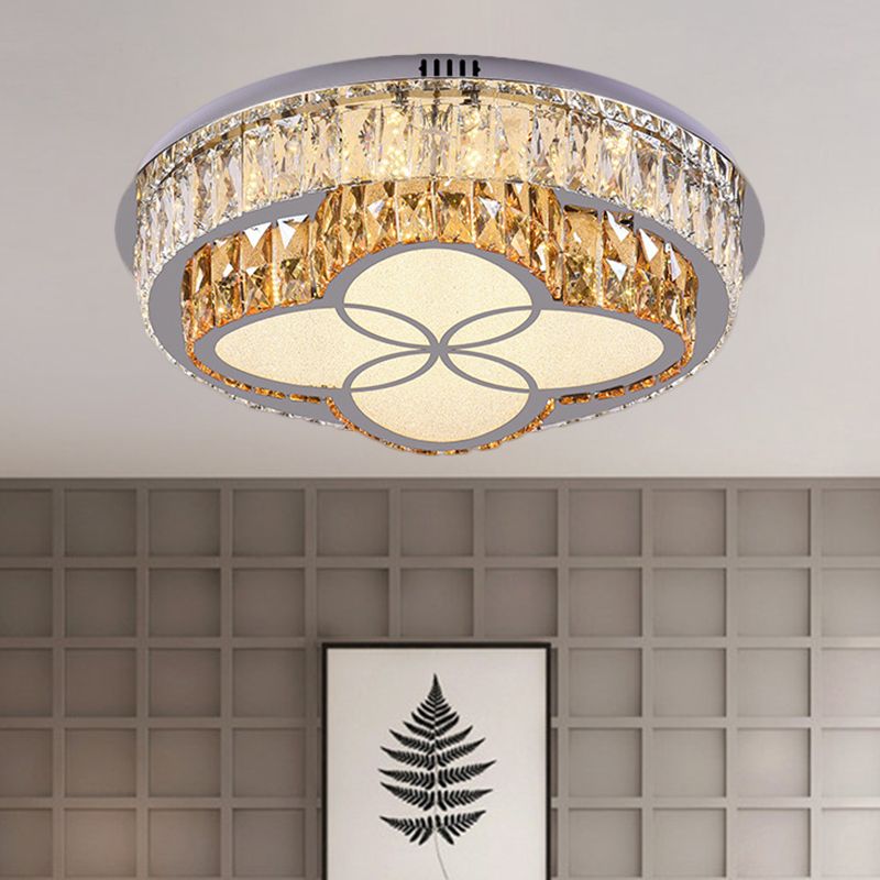 Clear Cut Crystals Circular Ceiling Light Modern LED Bedroom Flush Mount Lamp in Stainless-Steel with Flower/Square Design
