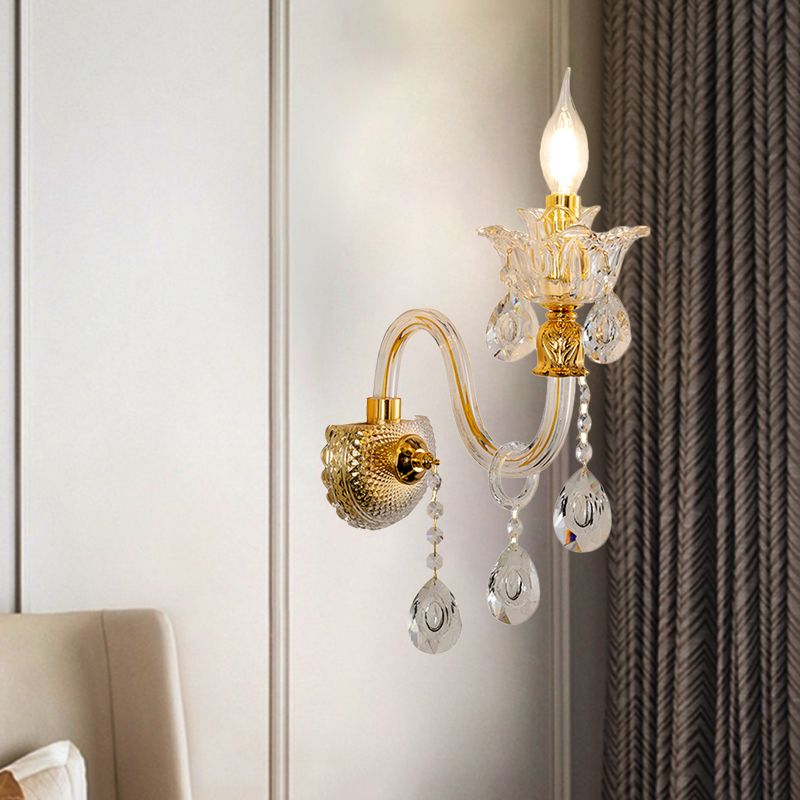 1/2-Bulb Clear Glass Coated Wall Lamp Vintage Gold Candle Style Lounge Sconce Light with Undulated Arm