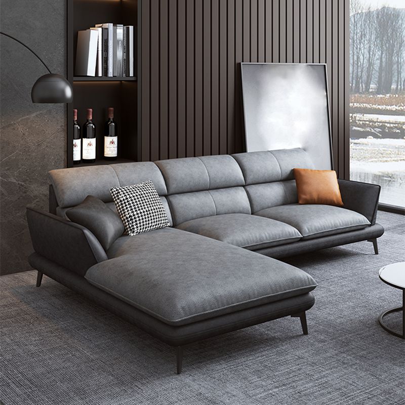 Flared Arm Sofa & Chaise Modern Faux Leather Sofa in Dark Grey
