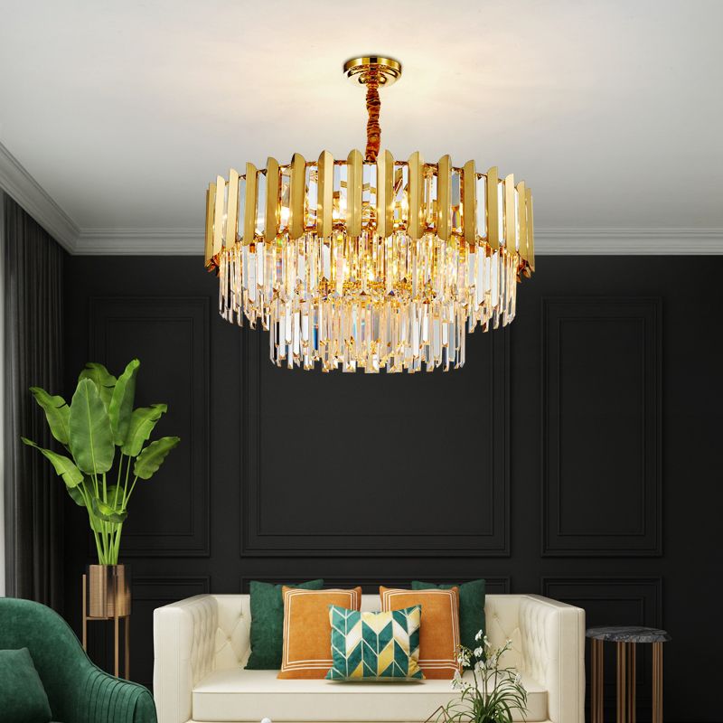 Modern Style Round Pendant Light Fixture Crystal Living Room Chandelier in Gold