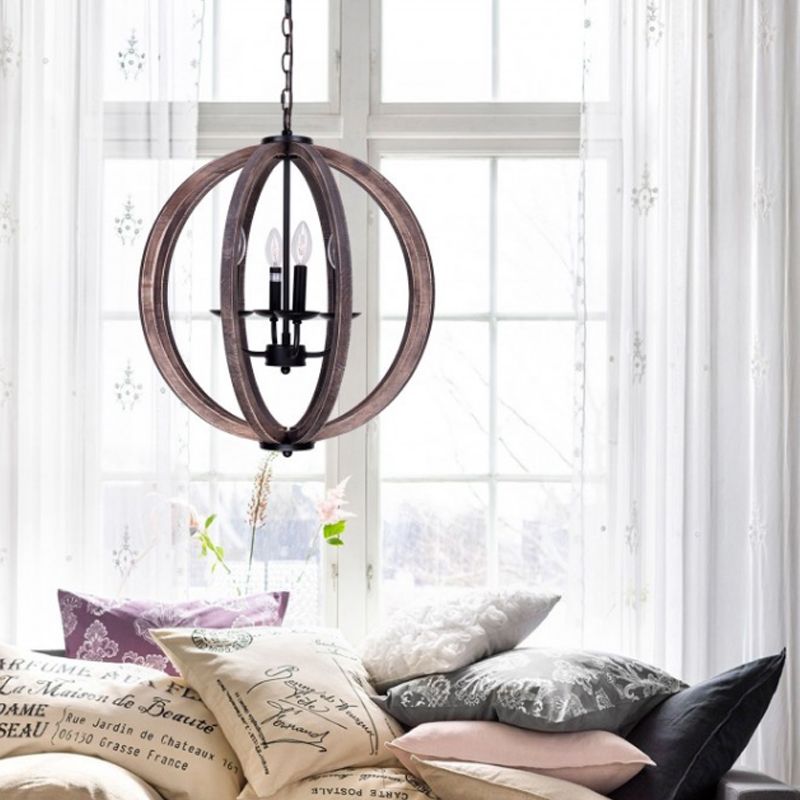 Global Chandelier Light Rustic Wood 4 Heads Brown Hanging Lamp Kit for Living Room