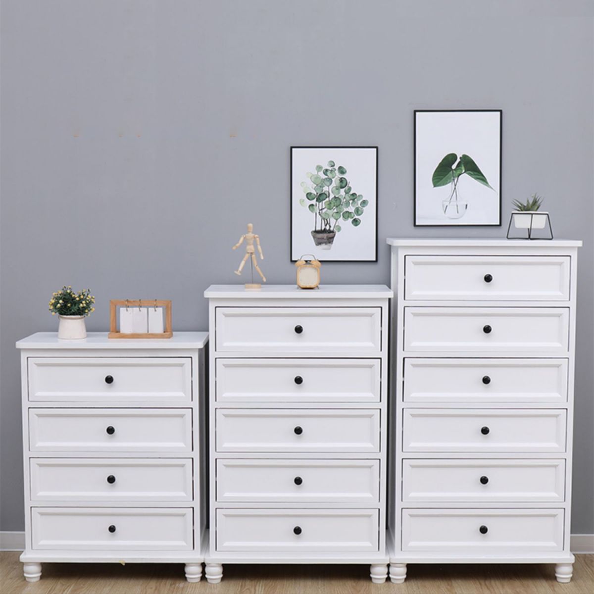 Contemporary White Accent Chest with Drawers and Solid Wood Bun Feet