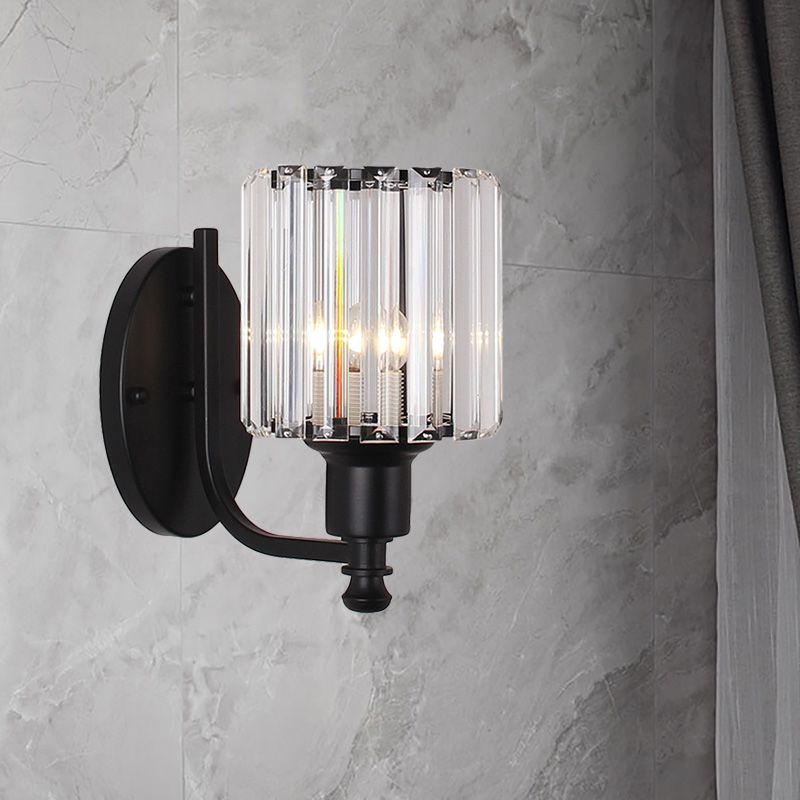 Modernist Cylinder Wall Light Clear Crystal 1 Head Bedroom Wall Mounted Light with Curved Arm in Black/Gold