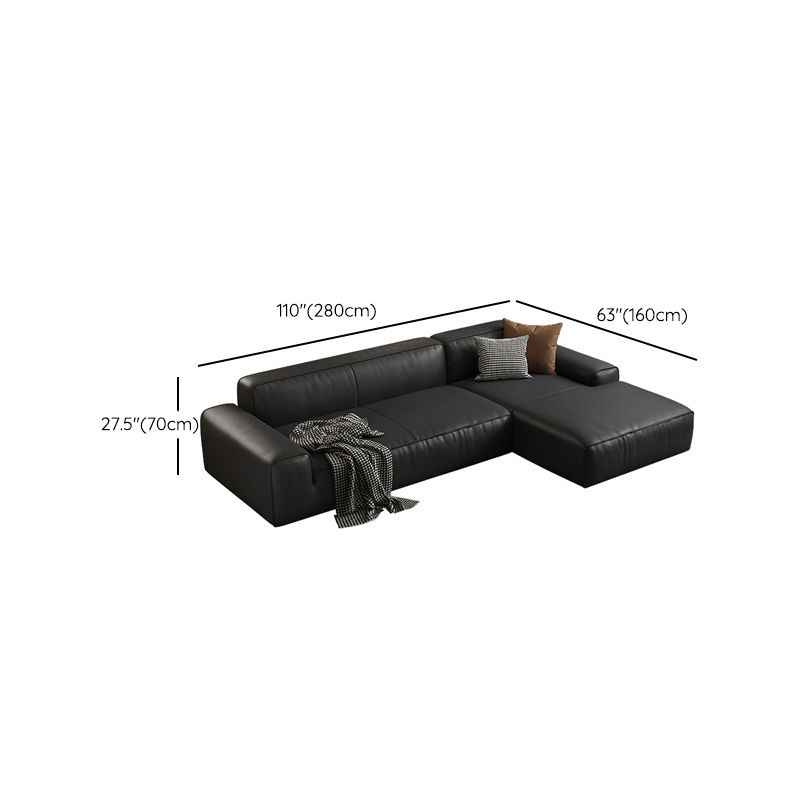 Contemporary Black Genuine Leather Square Arm Sofa with Pillows