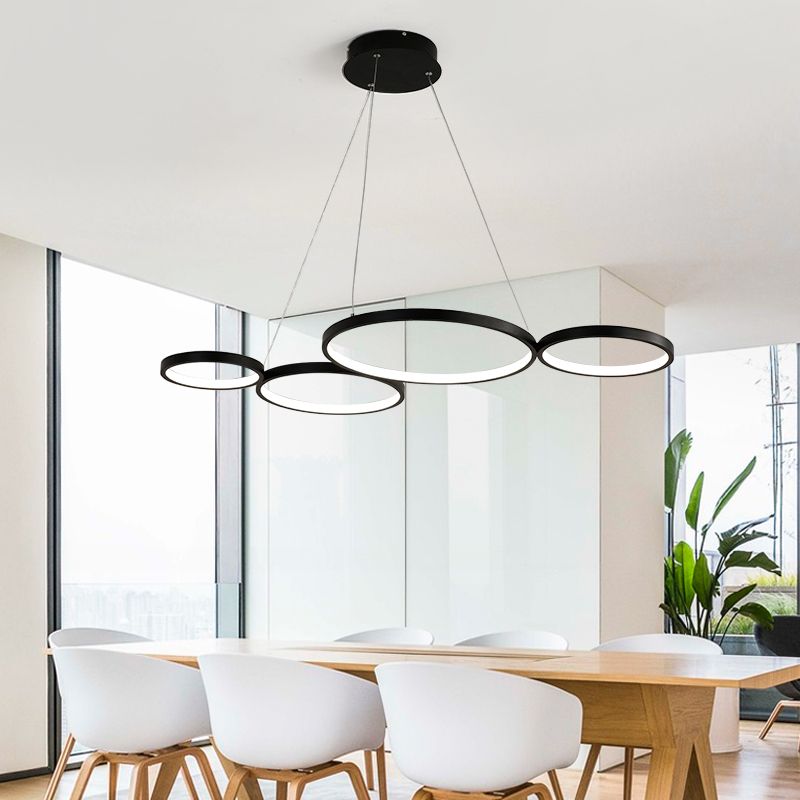 4 Rings Acrylic Ceiling Chandelier Simple LED Black/White Drop Pendant over Table in Warm/White/Natural Light