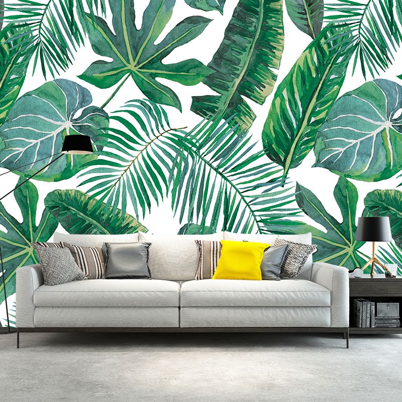 Custom Illustration Tropix Murals with Plant Leaves Pattern in Green, Moisture Resistant