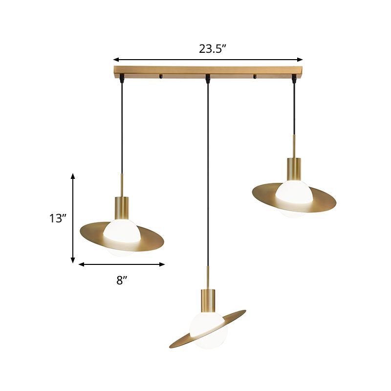 Global Milky Glass Cluster Pendant Light Moderniste 3 Heads Heads Brass Hanging Lampe avec panneau de panneau Détail