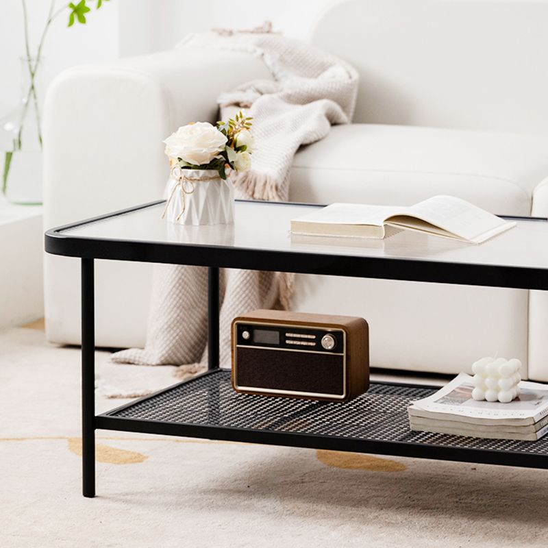 Modern Rectangle Cocktail Table with Glass Top and 4 Iron Legs