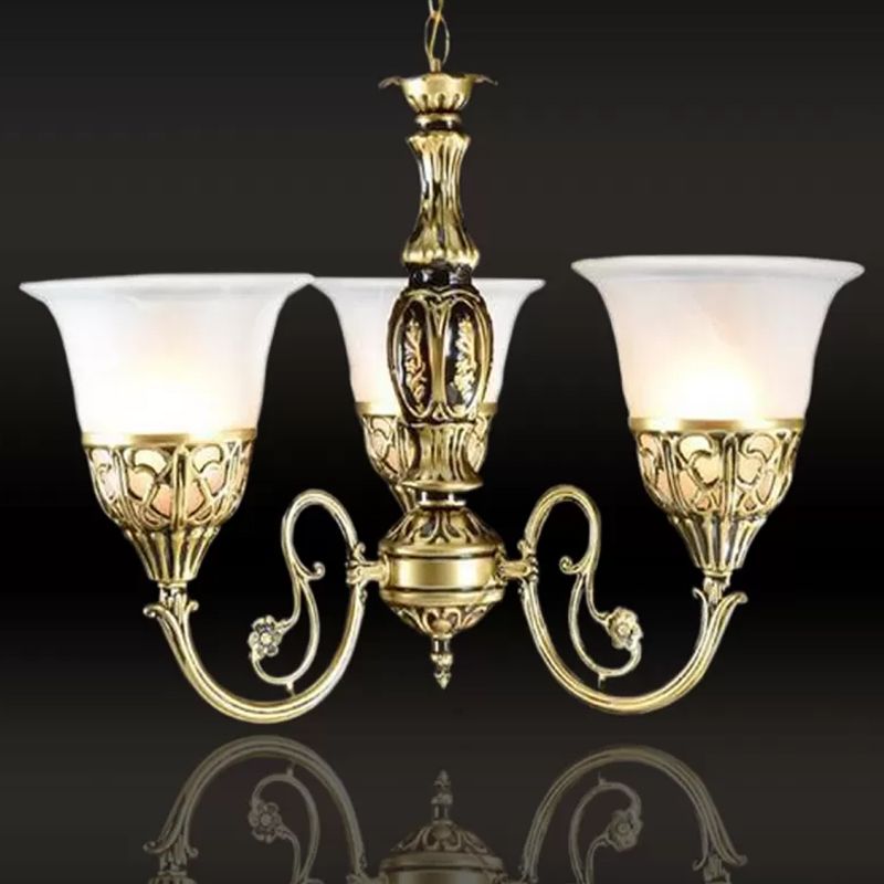 Bell Restaurant Kroonluchter Lamp Antiek Opaline Glass 3-Hoofd Bronze afwerking Hanglamp
