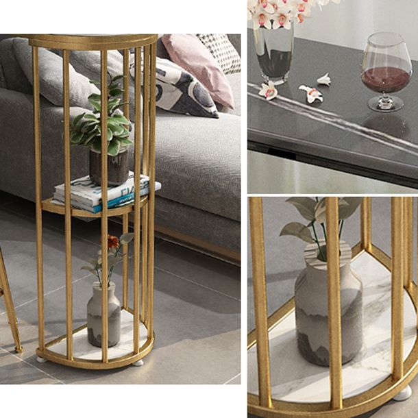 Glam Iron Bistro Table Stone Top Oval Indoor Bar Dining Table with 2-Shelf