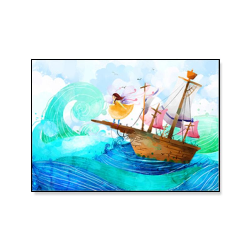 Kids Drawing Sailing Ship Canvas Wall Art Blue Adventure Wall Decor for Girls Room