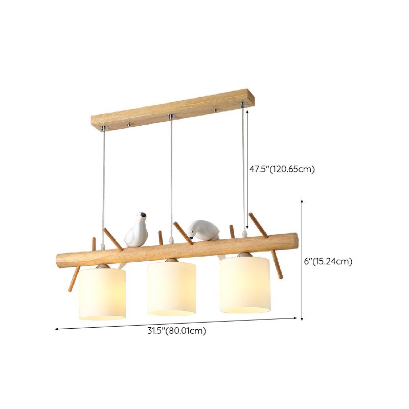 Modern Wood Pendant Light Cylinder Shape Island Light with Glass Shade for Living Room