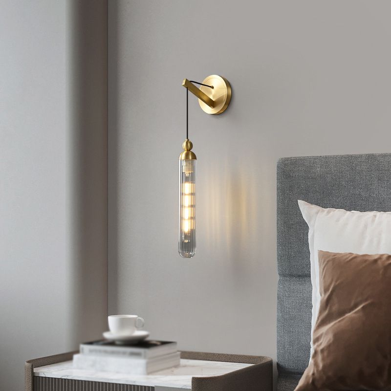 Black / Gold 1 - Light Wall Light Glass Tube Shade Solid Brass Wall Sconce