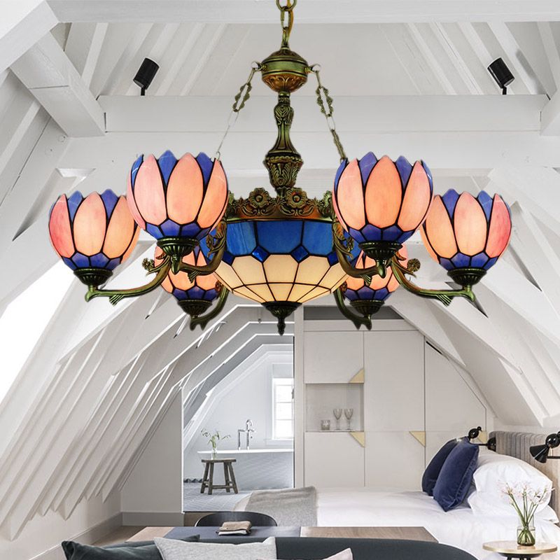7 luci illuminazione il lampadario illuminazione tiffany colorato in vetro ciondolo in rosa per soggiorno