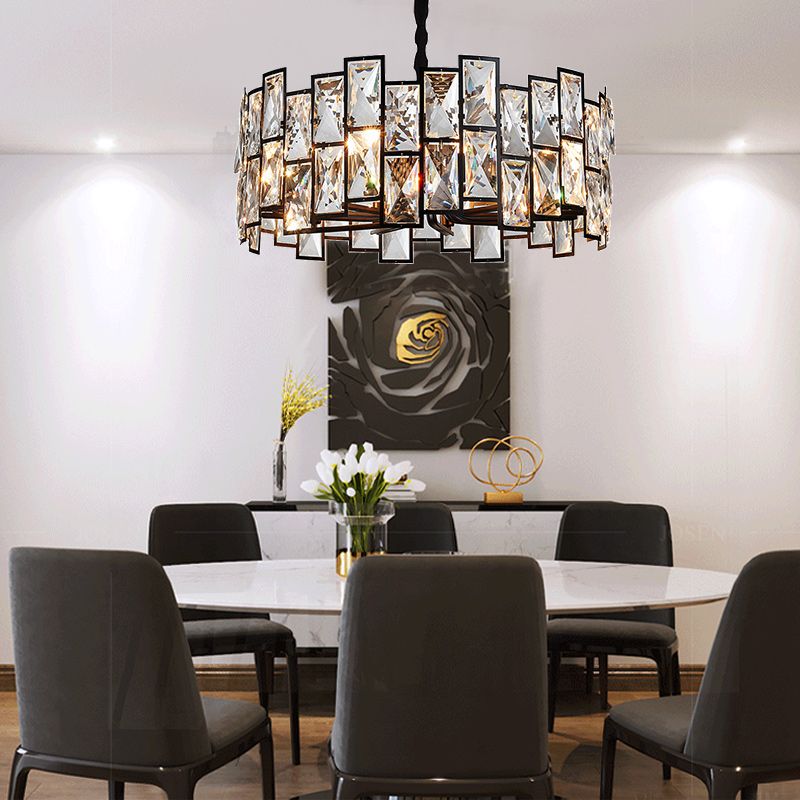 6-Light Living Room Chandelier Modern Black Pendant Light with Drum Crystal Shade