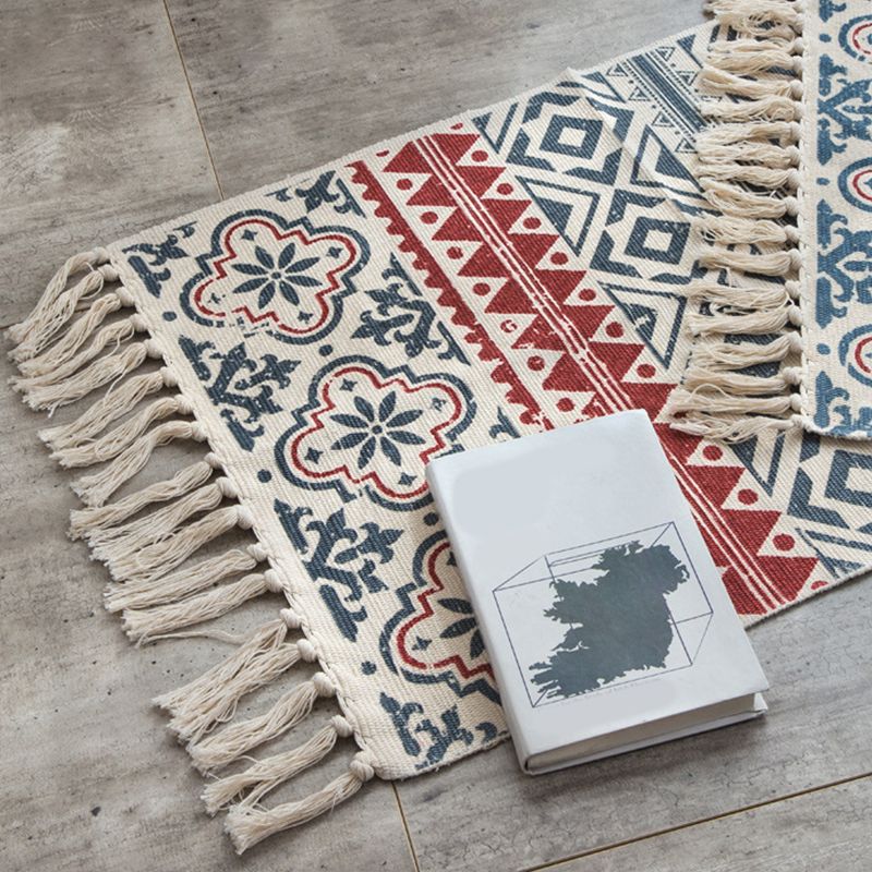 Boho Chic Bedroom Rug Multi-Color Geometric Pattern Rug Cotton Machine Wash Carpet with Tassel Fringe